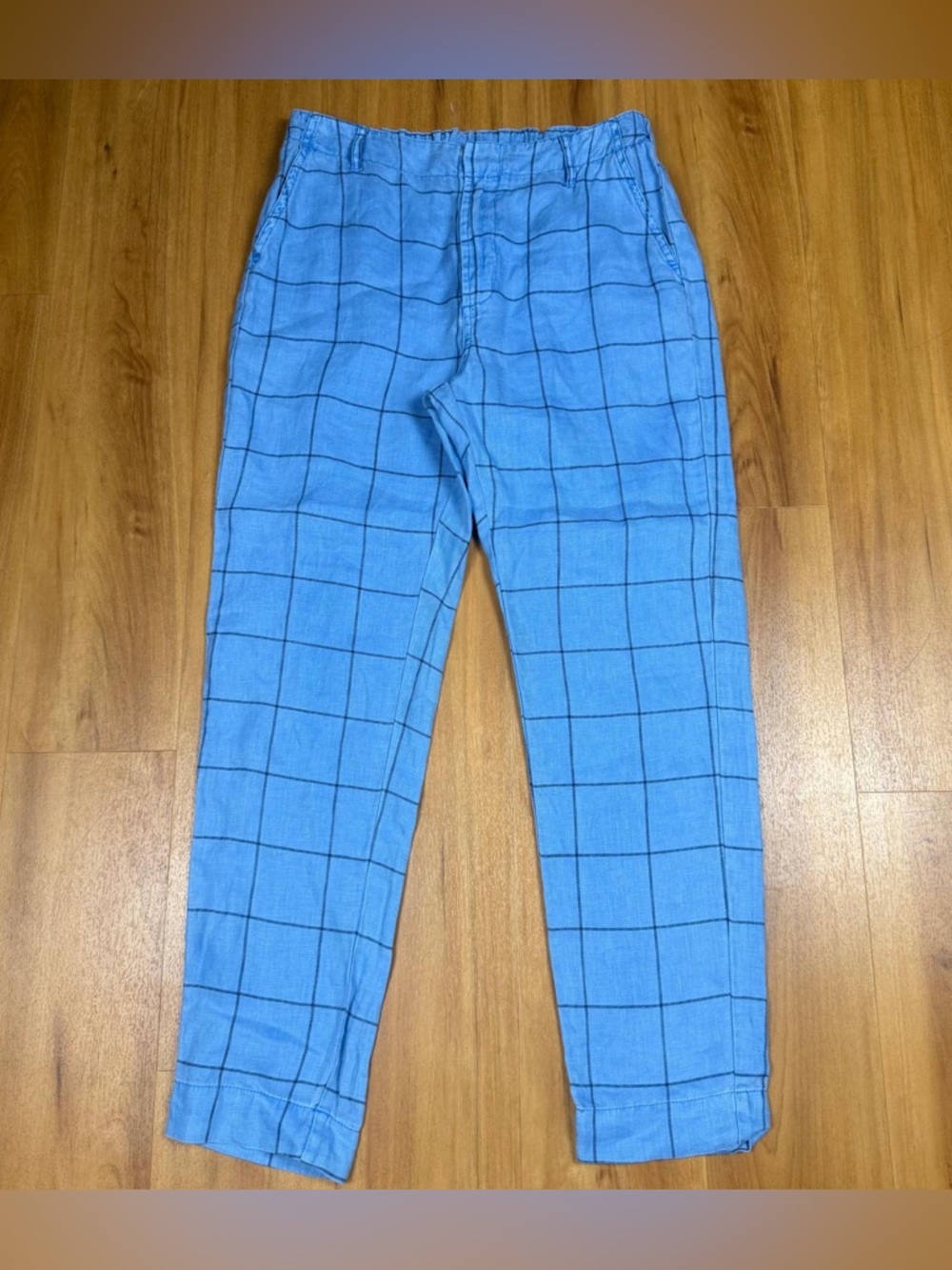 Sundance 100% Linen Blue Plaid Pants Womens Size 4 Elastic Waist Casual